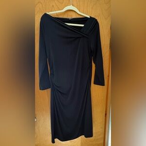 Brooks Brothers Navy Asymmetrical Neck Jersey Ruched Long Sleeve Dress - Large